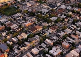 Birds eye view of downtown streets and buildings.
